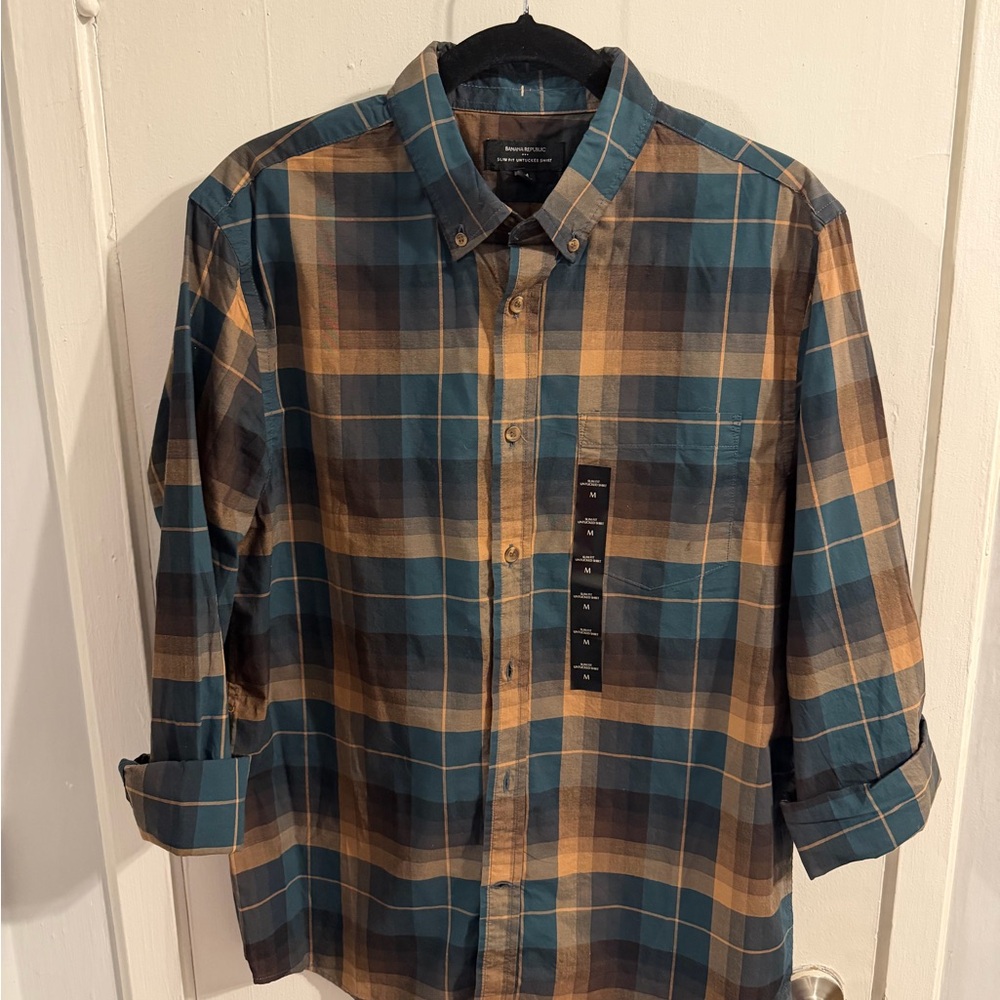 Banana Republic - Green/Teal & Brown  Plaid Button-Down Shirt Medium NWT